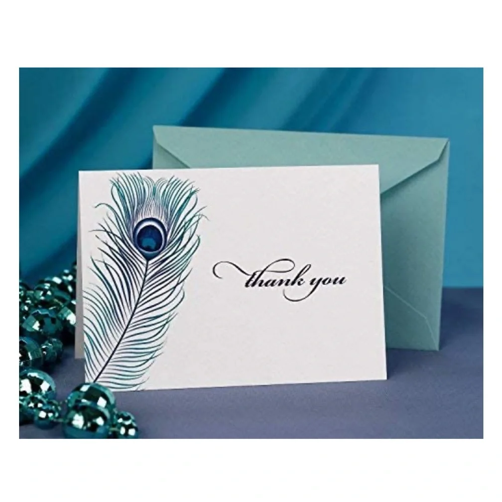 Hortense B. Hewitt Peacock Feather Thank You Notes Aqua Envelopes (36313), 12 ct